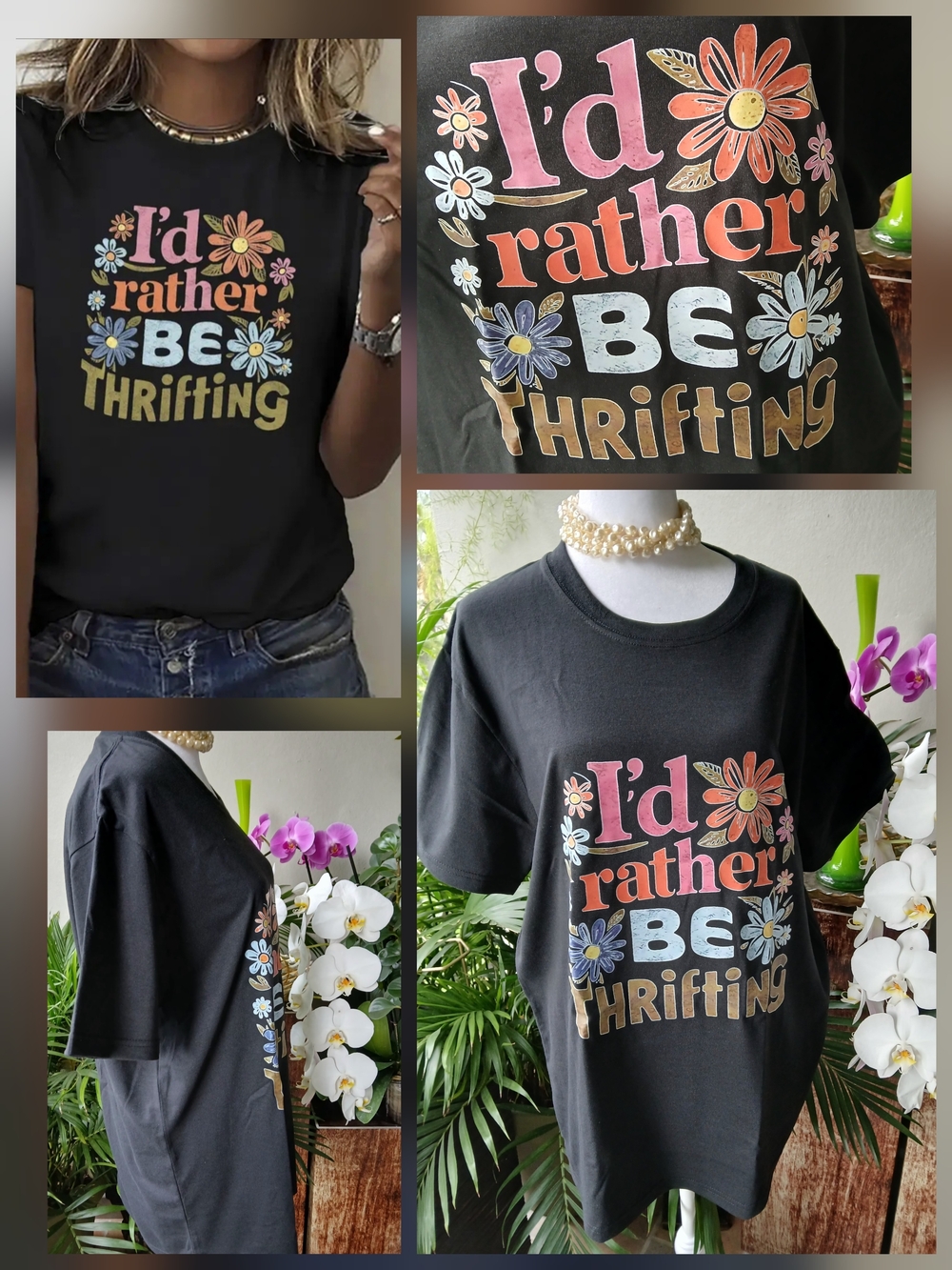 🔥I'd Rather Be Thrifting Floral Graphic Tee - Black Size XL NEW & FREE GIFT